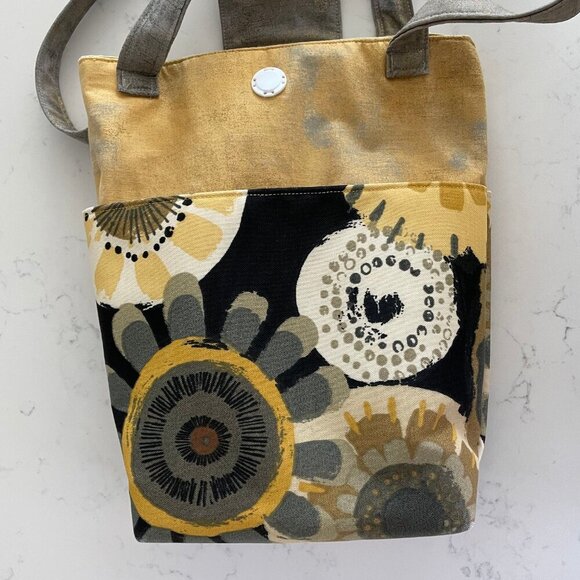 Hand Crafted Fabric Abstract Floral Print Tote Bag w Pockets Yellow Grey Blk - Picture 10 of 12